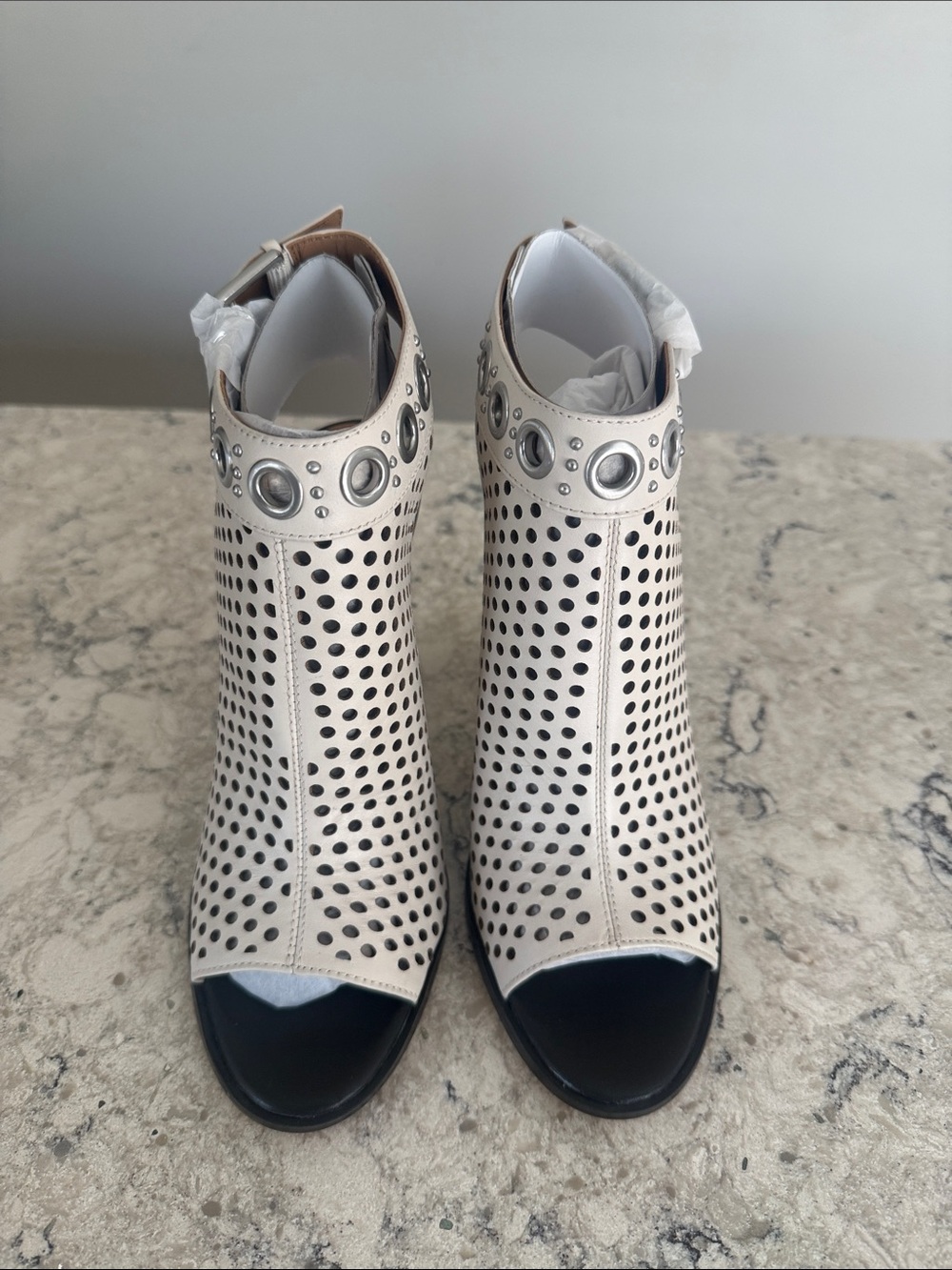 Calvin Klein Cream Perforated Peep-Toe Block Heel Sandals with Grommet Detail
